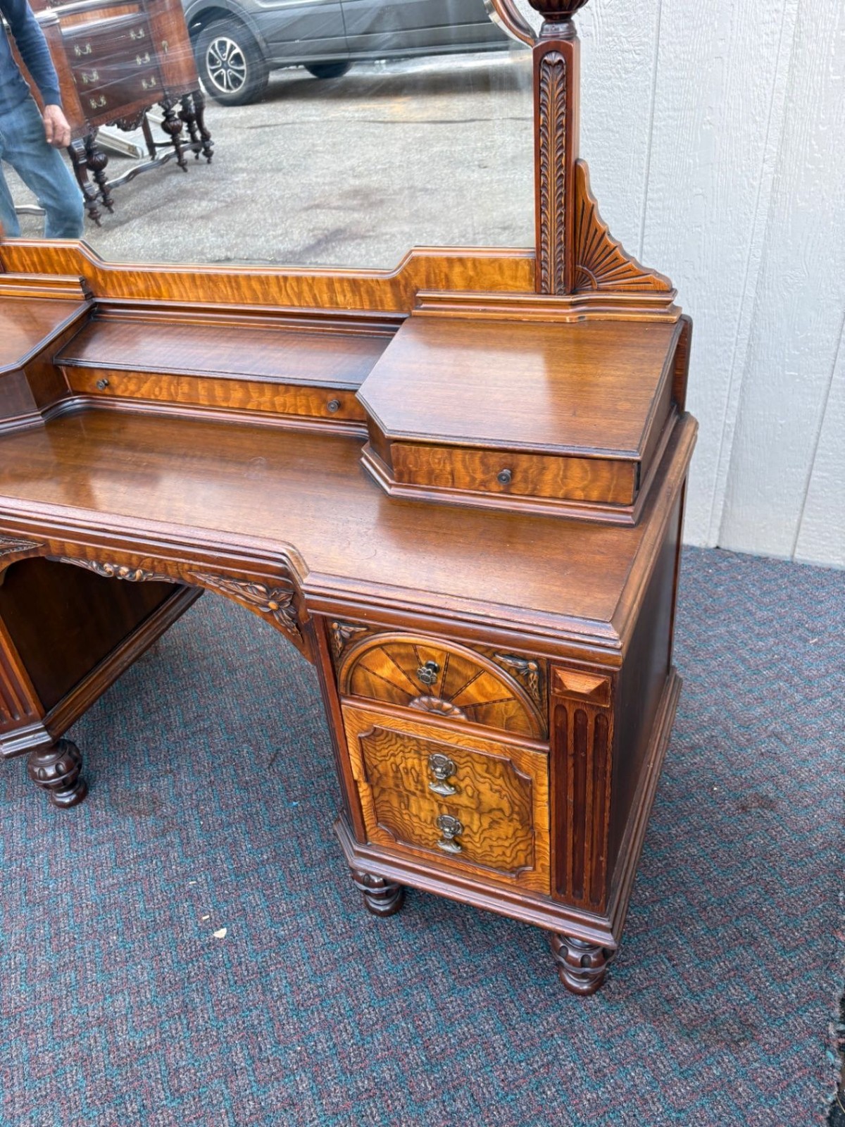 67476 Antique Walnut Vanity with Mirror, Ornate Carving and Drawers