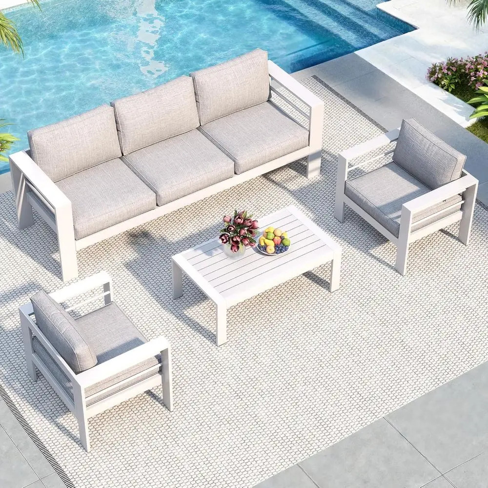 Luxury Oversized Metal Patio Furniture Set Deep Seating Wide Armrests White