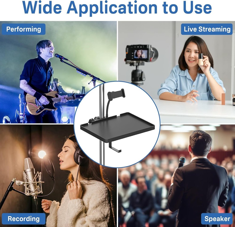 Functional Microphone Stand Tray with Adjustable Plastic Small Tray, Black