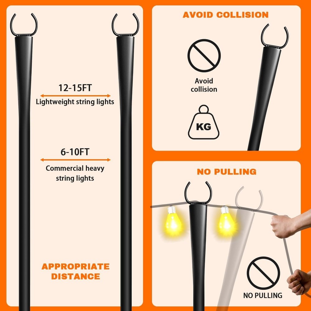 10 Ft Heavy Duty String Light Poles 2 Pack - Outdoor Decorative Support for