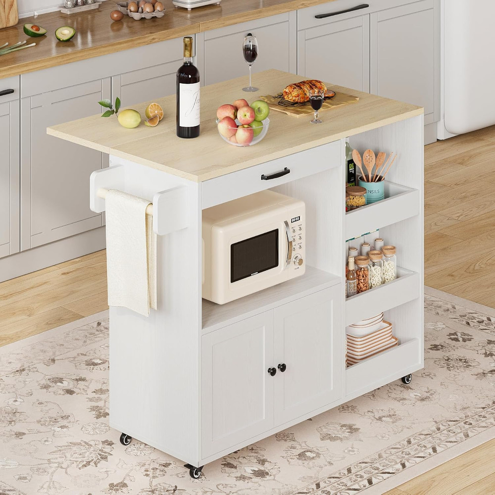 Rolling Kitchen Island Cart with Drop Leaf, Storage & Wheels - White