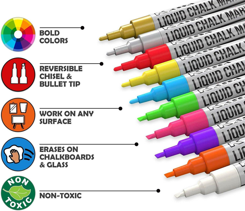 10-Pack Neon Multicolor Chalk Markers | Includes Reversible Bullet & Chisel Tips