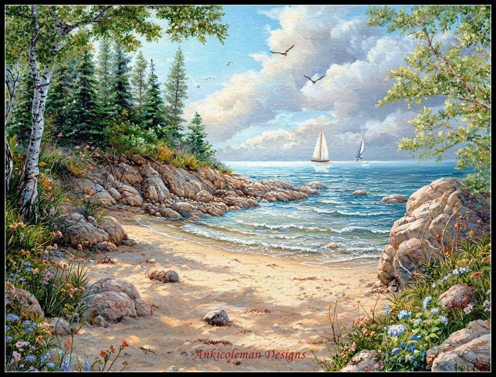 Rocky Shoreline along Hidden Beach - Counted Cross Stitch Patterns Needlework