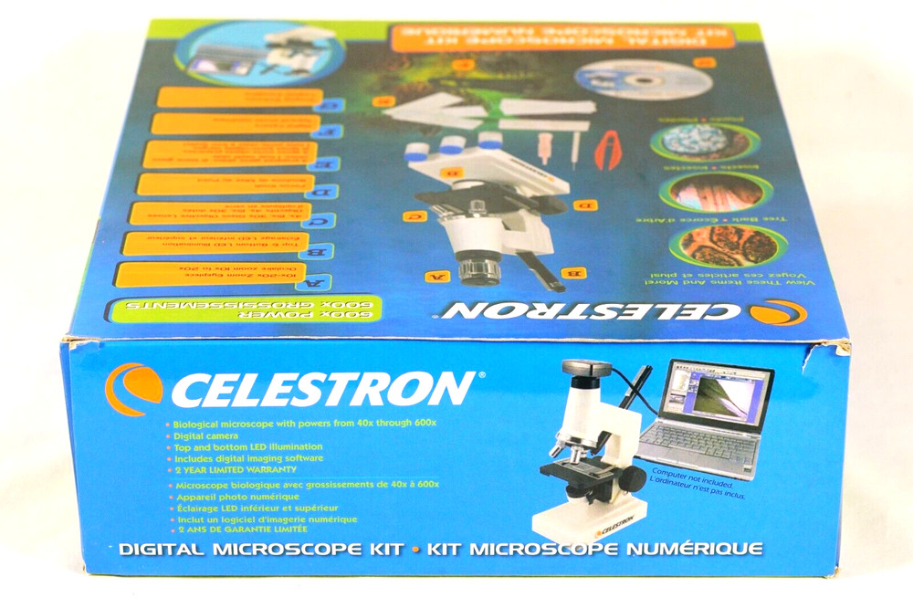 CELESTRON Digital Microscope Kit #44320 Beginners Microscope 40X-600X Open Box
