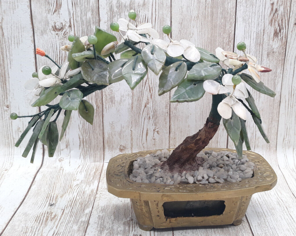 Hand Crafted Chinese Jade Bonsai Eucalyptus Tree Brass Base