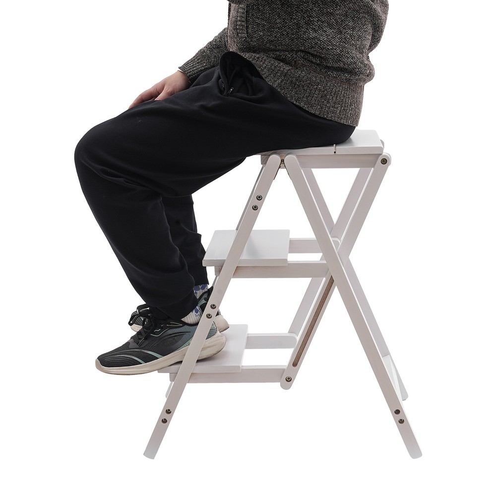 3-layer Folding Step Ladder Folding Wooden Step Stool Not Require Assembly White