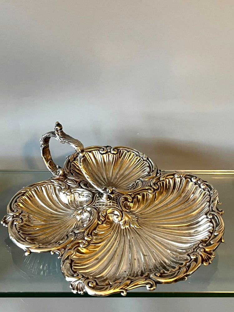 Antique Silver Plate Triple Shell Footed Serving Tray