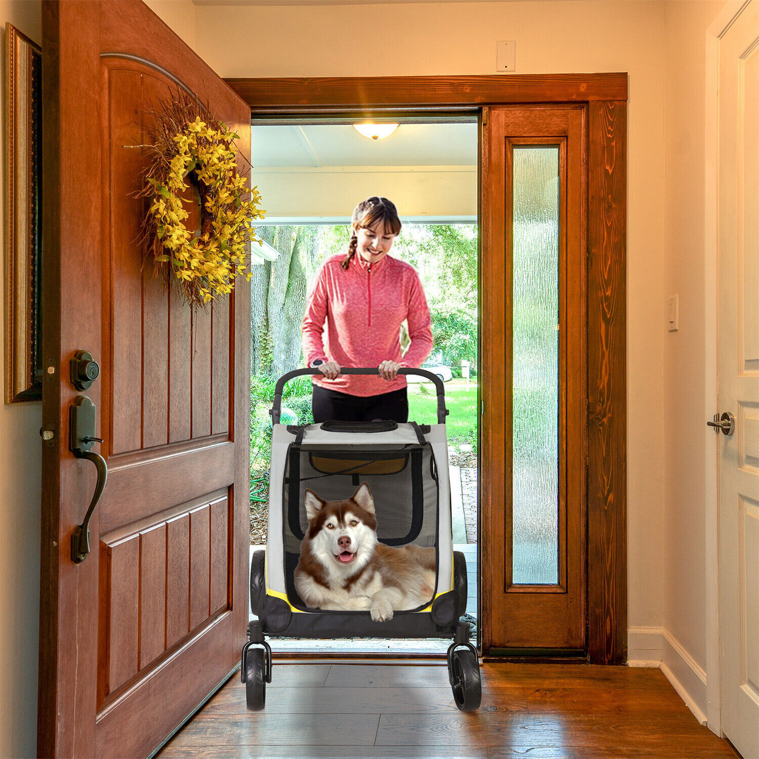 4-Size Foldable Dog Stroller Pet Jogger Wagon Cart w/Shock Absorber&Safety Leash