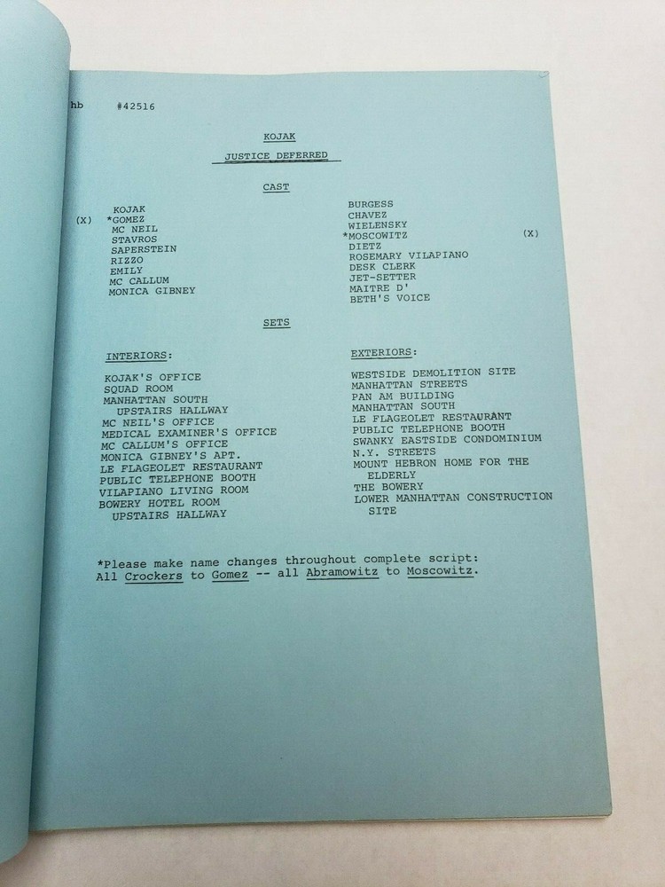 KOJAK / Jack Laird 1976 TV Script, Telly Savalas, skeleton "Justice Deferred"