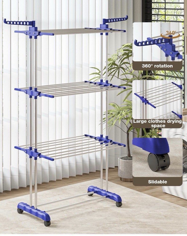 3-Tier Folding Clothes Drying Rack with Wheels – Portable Laundry Drying Rack
