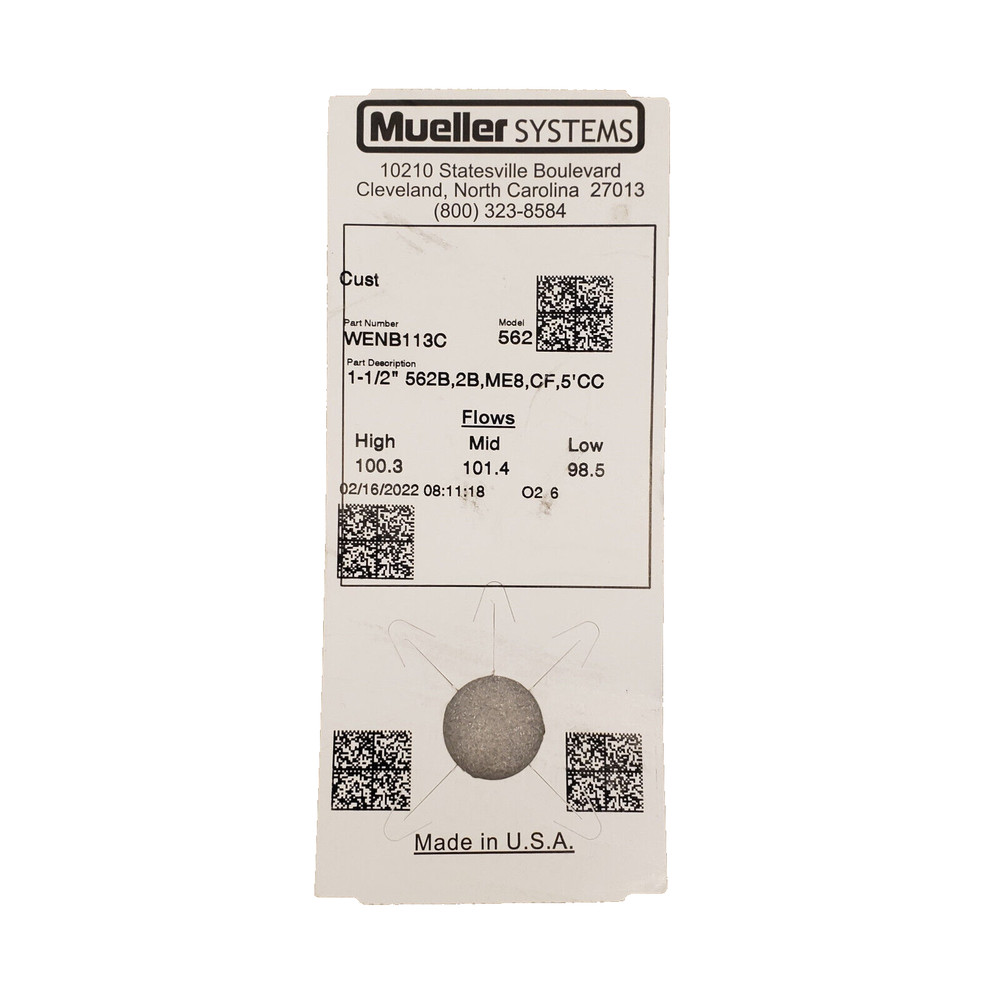 Mueller Systems WENB113C Water Meter 1-1/2" Pipe, 562, 2B, ME8 Encoder, CF, 5'CC