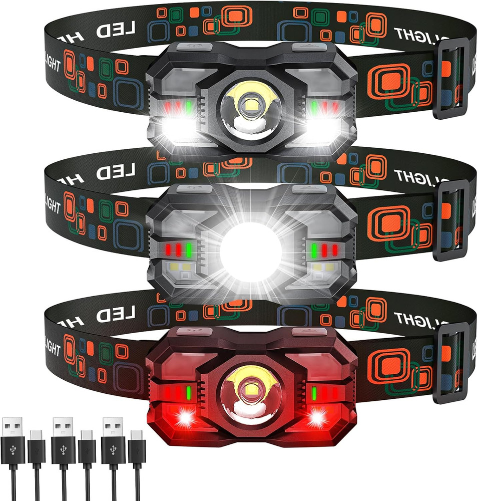 Rechargeable Headlamp Flashlight 3-Pack, 2000 Lumen Super Bright LED Headlight w