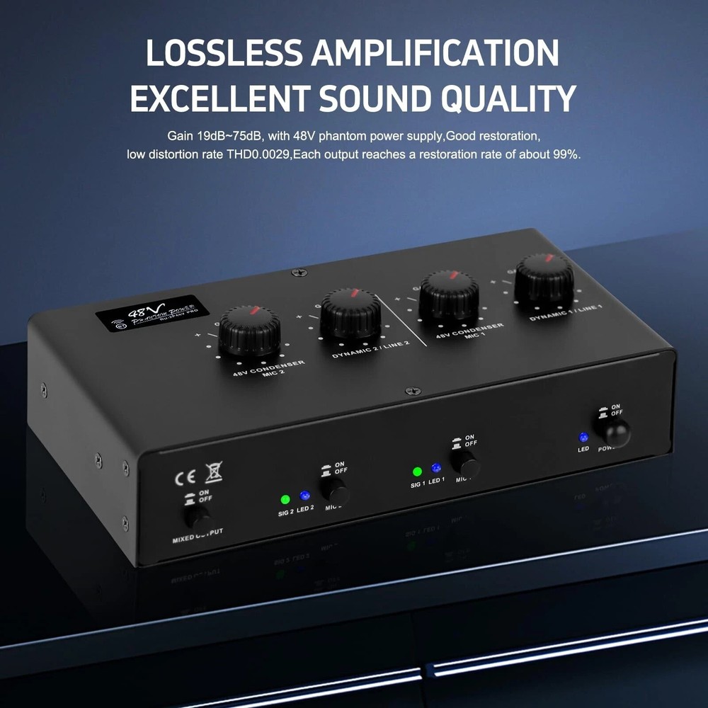Microphone Preamp Mic Booster 4 Input Max 25db DI Box with 48V Phantom Power ...