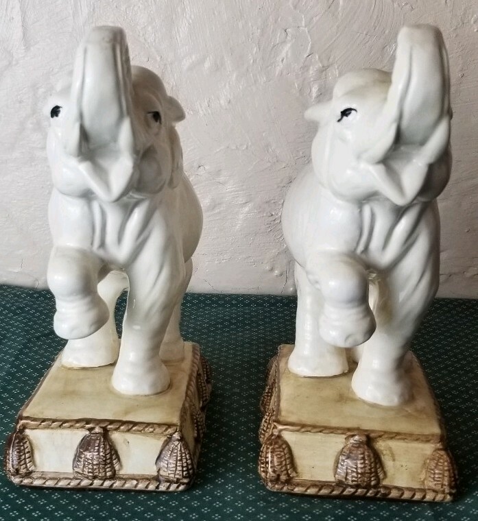Vintage Ceramic Elephants White Trunk Up Foot Up Figurine 7.5" High