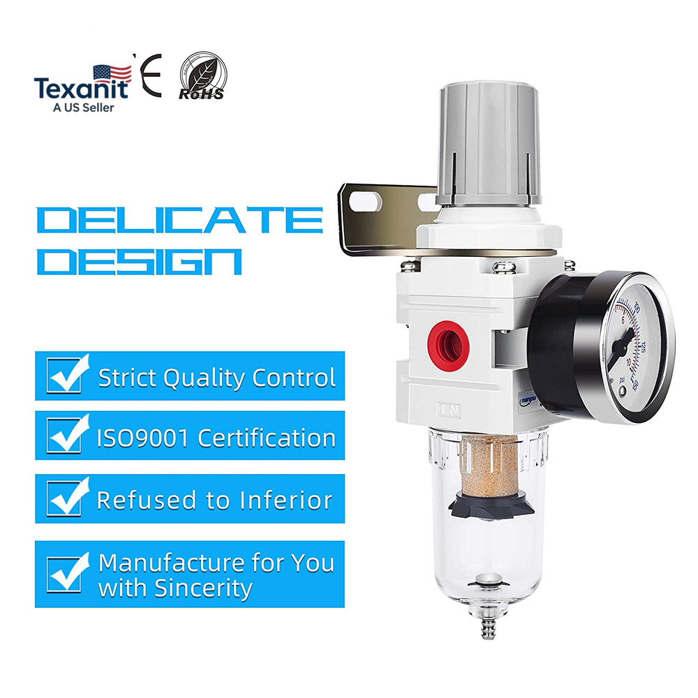 1/4" NPT Compressed Air Filter Regulator Combo Piggyback, 5 Micron Brass Element
