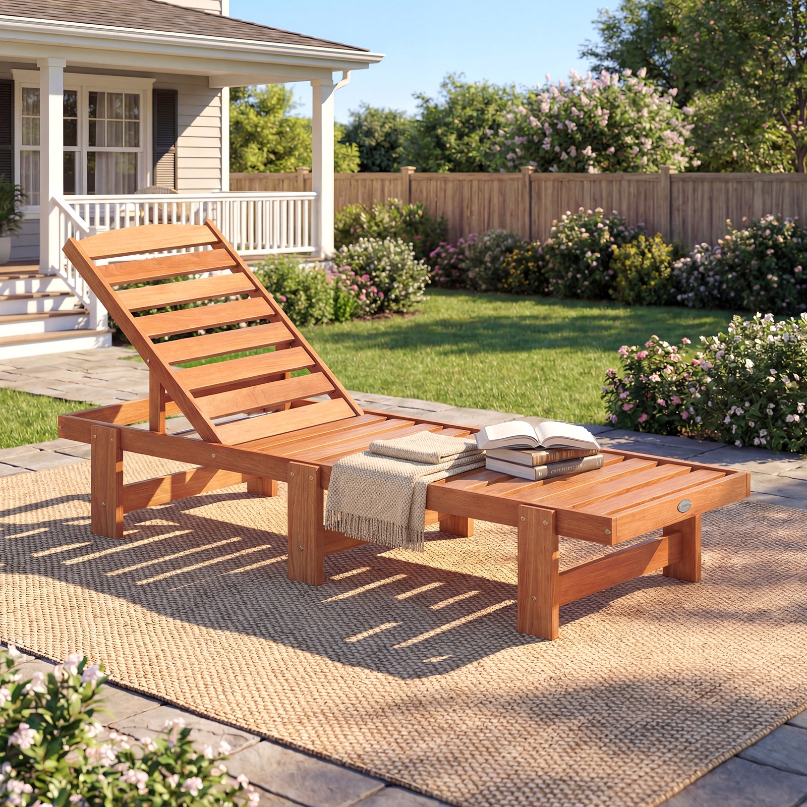 Patio Chaise Lounge Chair, Solid Wood Outdoor Recliner with Adjustable Backrest