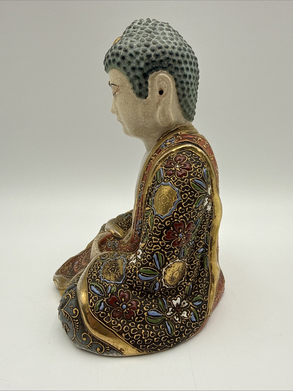 Vintage Japanese Satsuma Moriage Ceramic Buddha Figurine 8” High