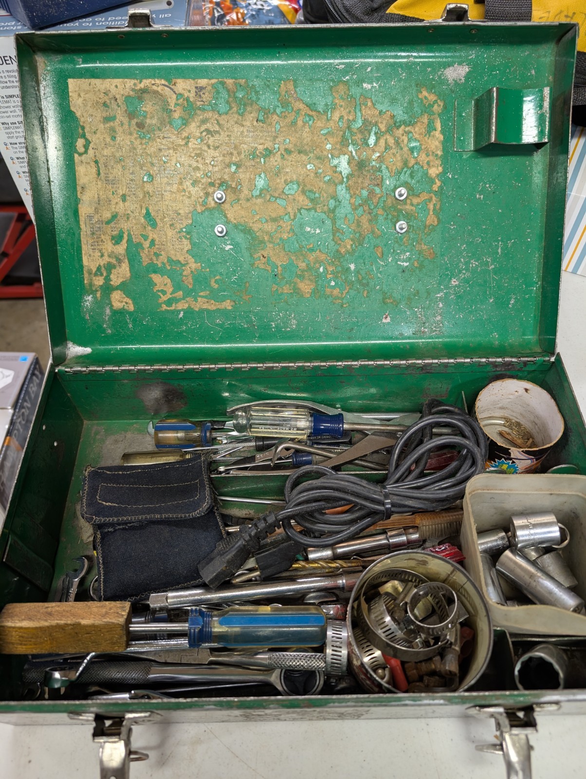 Vintage Metal Toolbox with 50+ assorted lot of tools