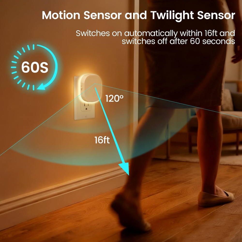 Backlit Night Lights Plug Into Wall 2 Pack, Motion Sensor & Dusk-to-Dawn Sens...