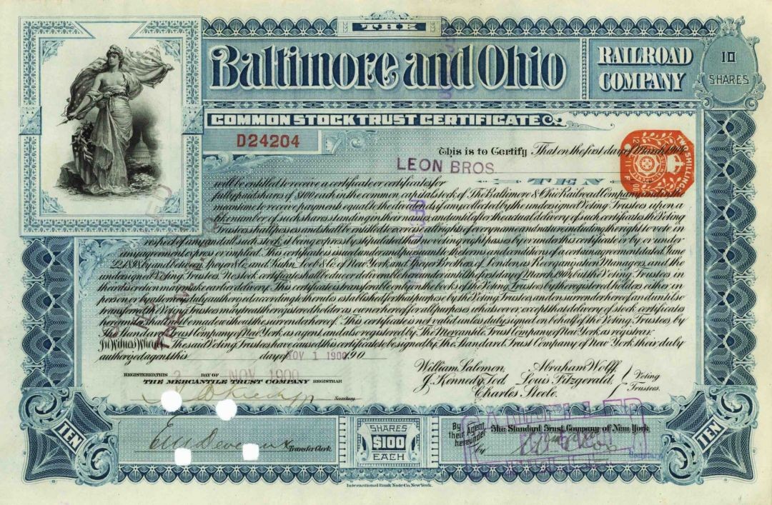 Baltimore and Ohio Railroad Co. - Railway Stock Certificate - Monopoly Game Bo