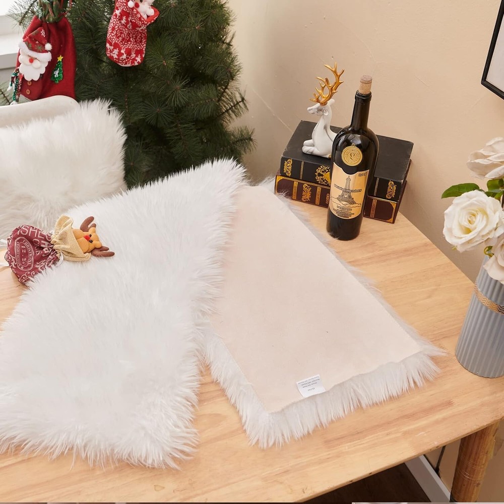 Faux Fur Table Runner White 11.8x59inch for
