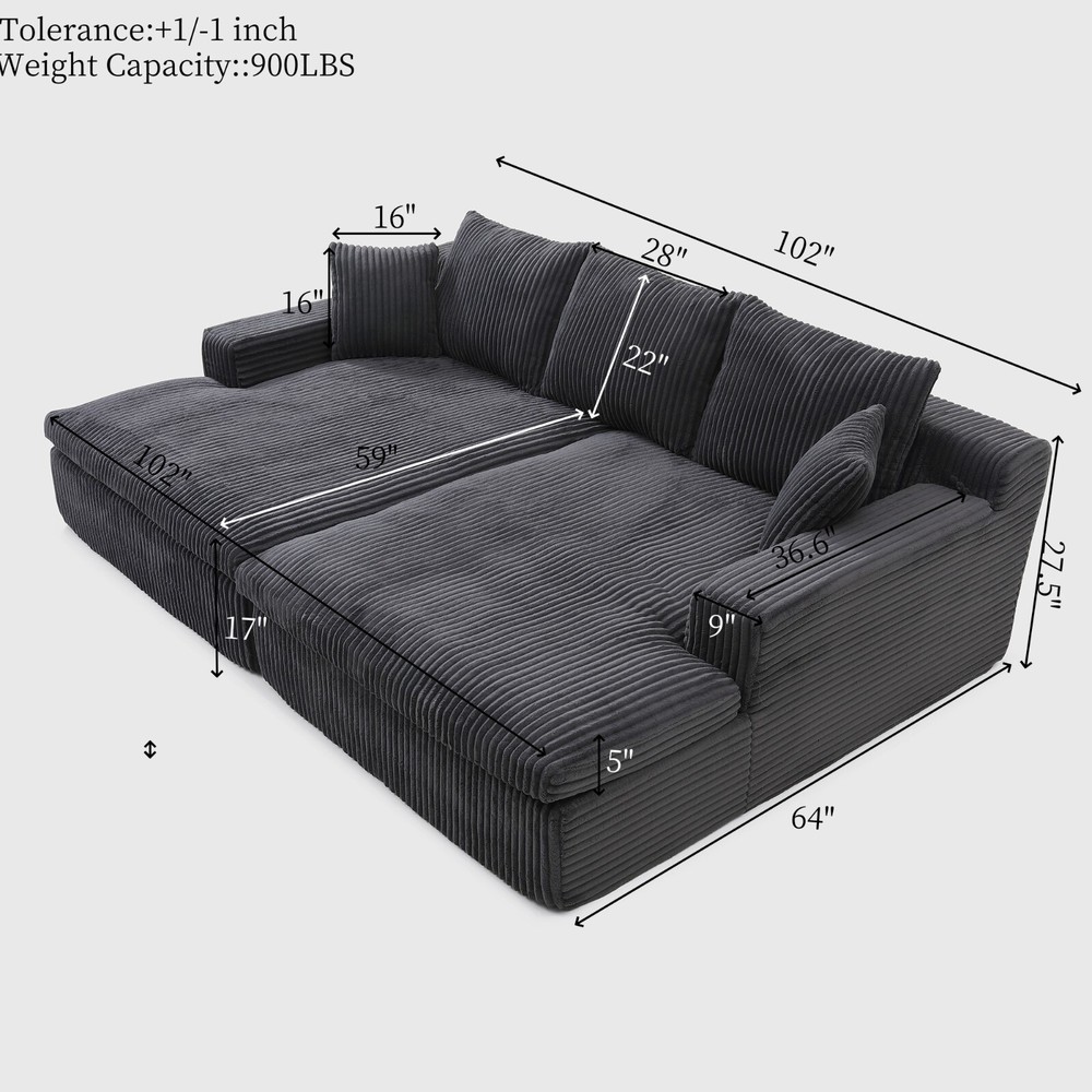 Modern Sectional Sofa Bed Corduroy Upholstered Modular Couch With Double Chaise