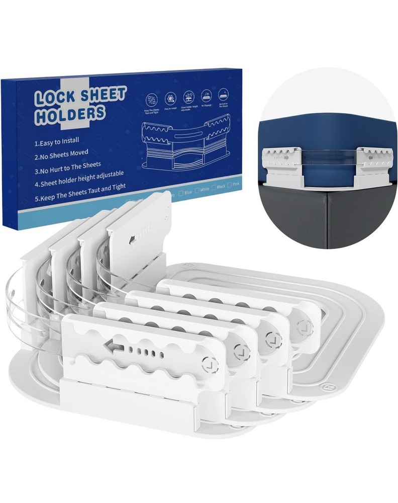 NIB Lock Bed Sheet Holders Keep Bedding Tight Secure 4 Pack White