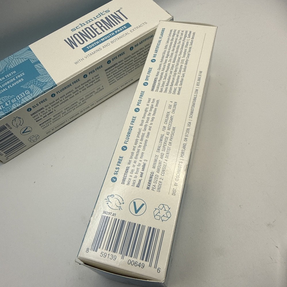 (TWO) Schmidt’s Wondermint Tooth+Mouth Paste Toothpaste Fluoride Free 4.7 Oz X 2