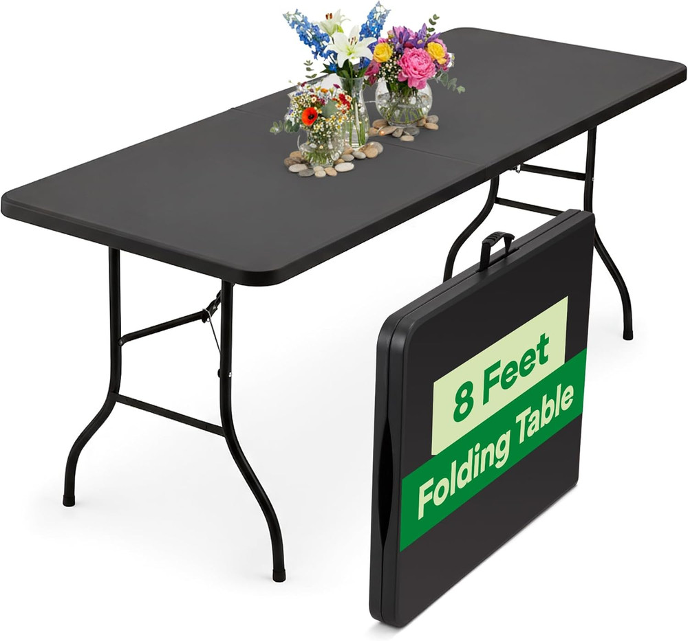 Black 8Ft Folding Table with Handle | Heavy-Duty Foldable Table | Portable Table