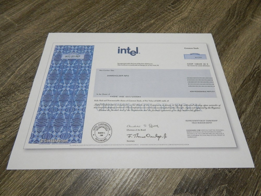 Intel copy of original stock certificate.
