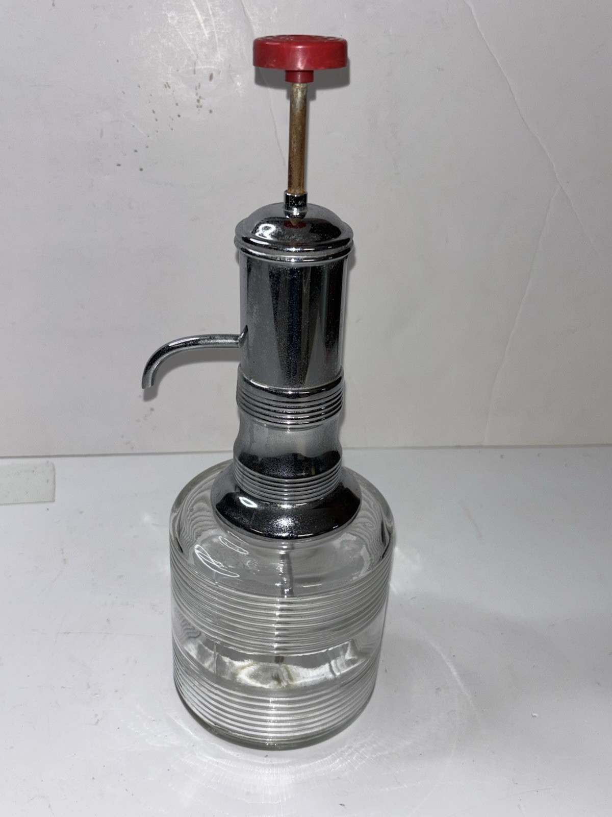 Retro Vintage MCM Liquor Dispenser Chrome & Glass Red Resin ~ Bar Decor