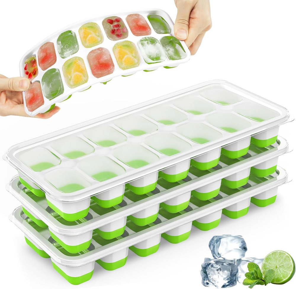 4 Pack Ice Cube Trays with Lids Silicone Stackable Easy Release BPA Free Freezer