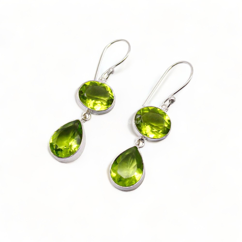 August Birth PERIDOT Stone Dangling Daughter Hook Boho Earrings 925 Solid Silver