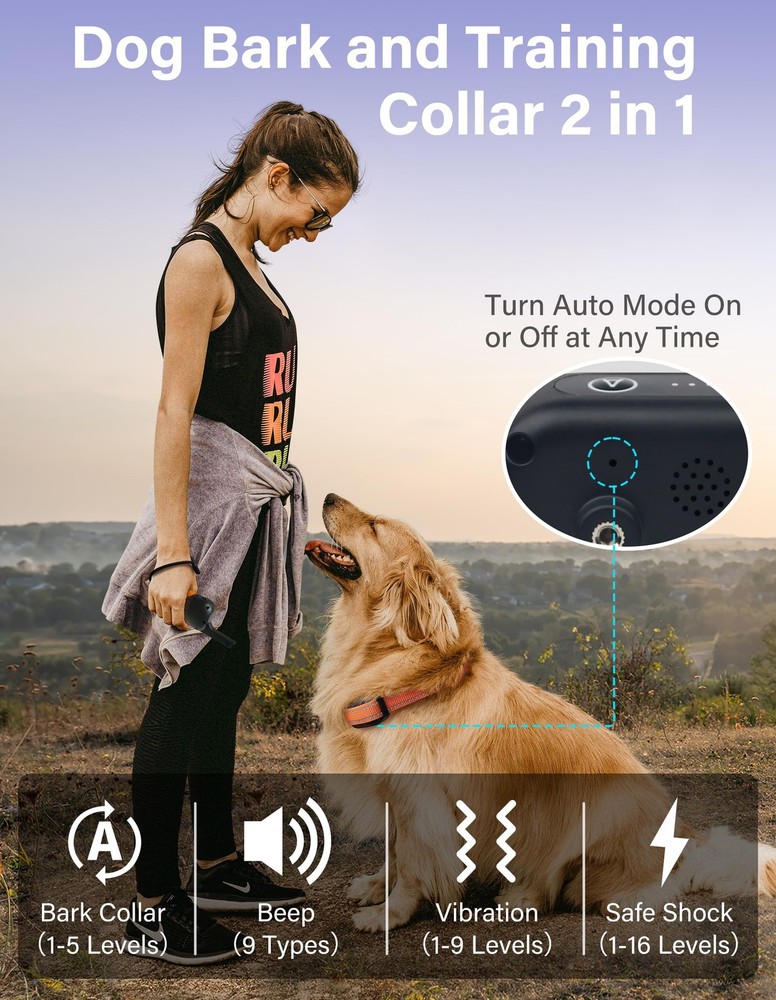 PaiPaitek Bark Activated Shock Collar with Remote - Automatic Bark and Traini...
