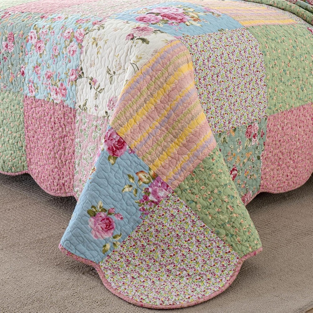 Oversized Queen Quilt Set Patchwork Bedspread 110x118 Inch 100% Cotton