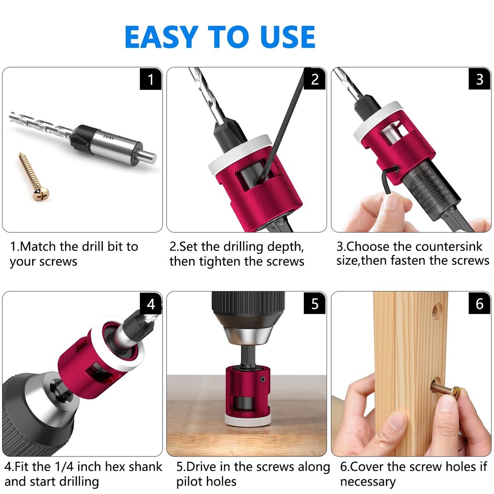 5-Piece Countersink Drill Bit Set with Adjustable Depth Stop, 1/4" Hex Shank ...