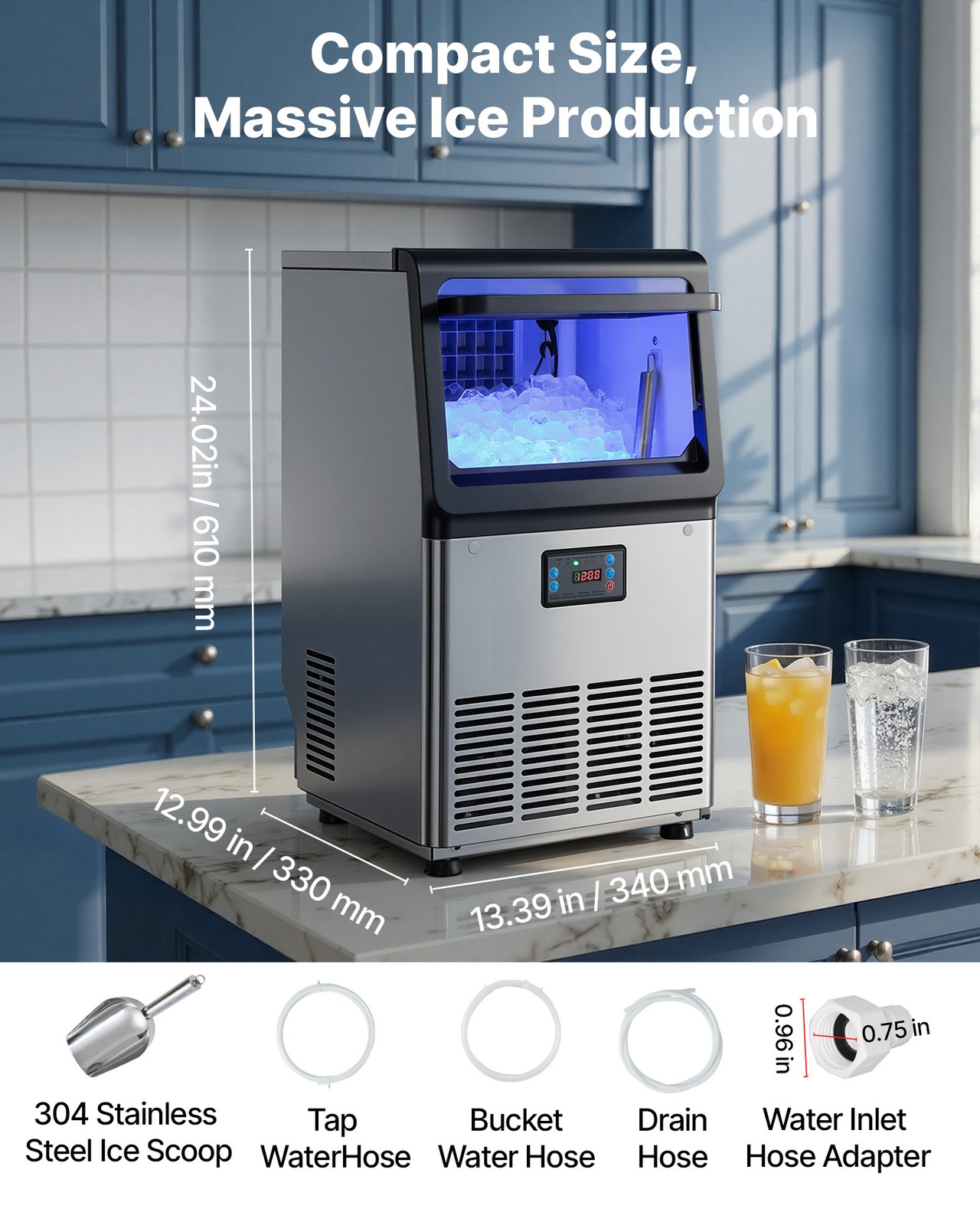 VEVOR Commercial Ice Maker 90 lbs/24h Ice Machine 13 lbs Storage Bar Restaurant