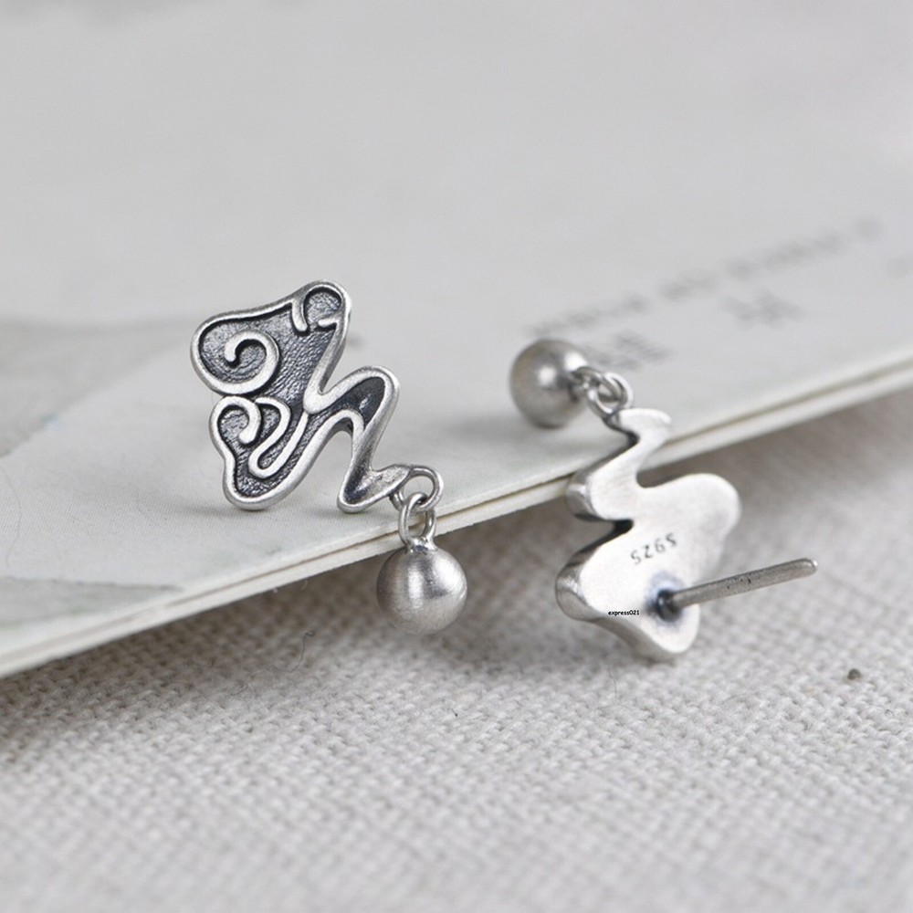 Solid 925 Sterling Silver Stud Women Lucky Retro Cloud Bead Dangle Earrings