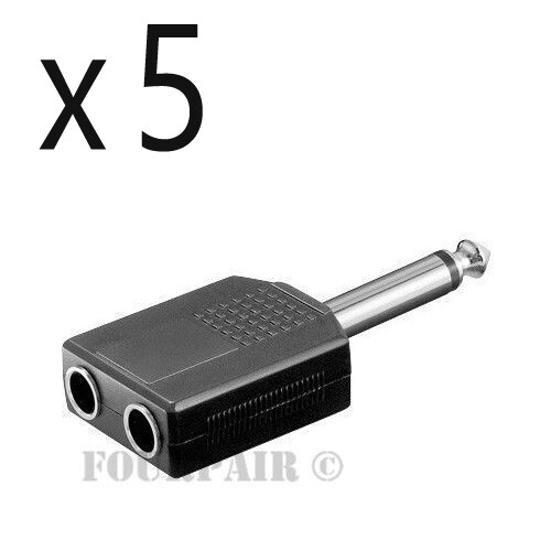 5 Pack - 1/4" Dual Mono Female to 6.35mm Mono Male Plug Audio Y Splitter Adapter