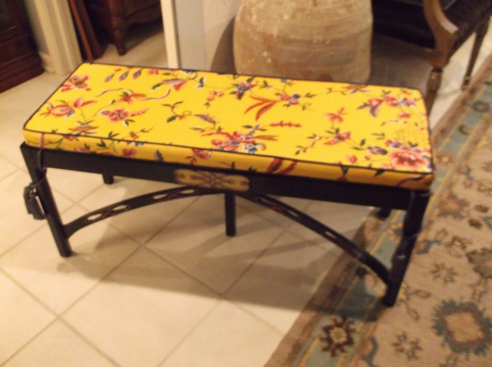 Black Painted Cane Bench w/Removable Upholstered Cushion