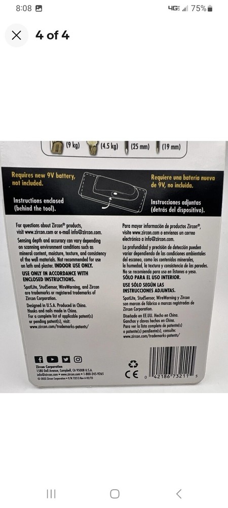 NEW Zircon StudSensor e30 Stud Finder with Wire Warning BONUS Hooks & Nails
