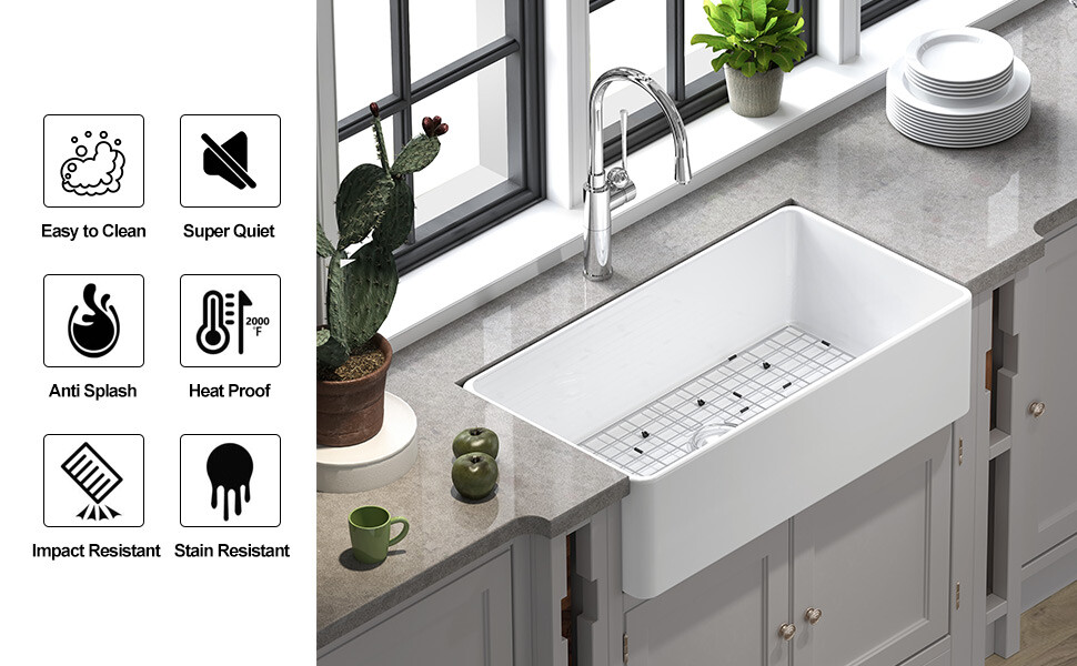 24''30" 33" Kitchen Sink Rectangular White Ceramic Apron Farmhouse Sinks W/ Grid