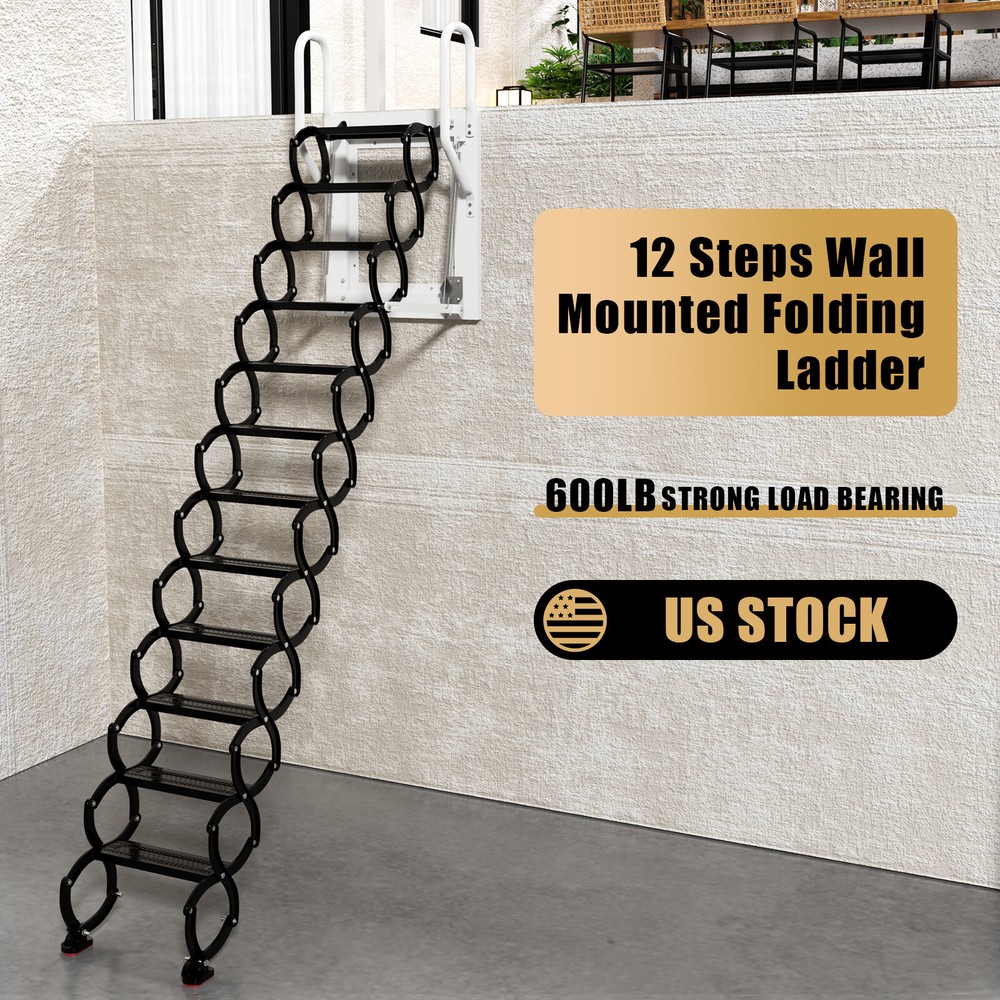 Wall Mounted Folding Ladder Black Loft Attic Stairs Pull down 12 Steps B9