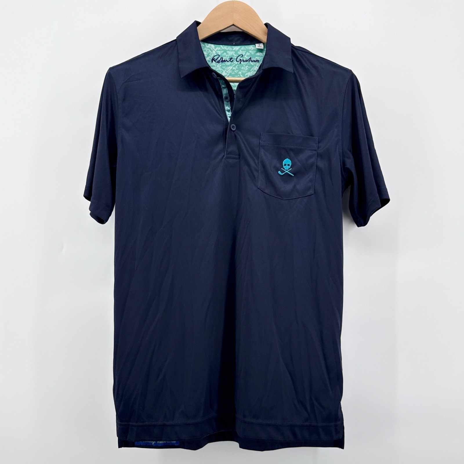 Robert Graham Blade Iron polo shirt skull rose graphic navy small