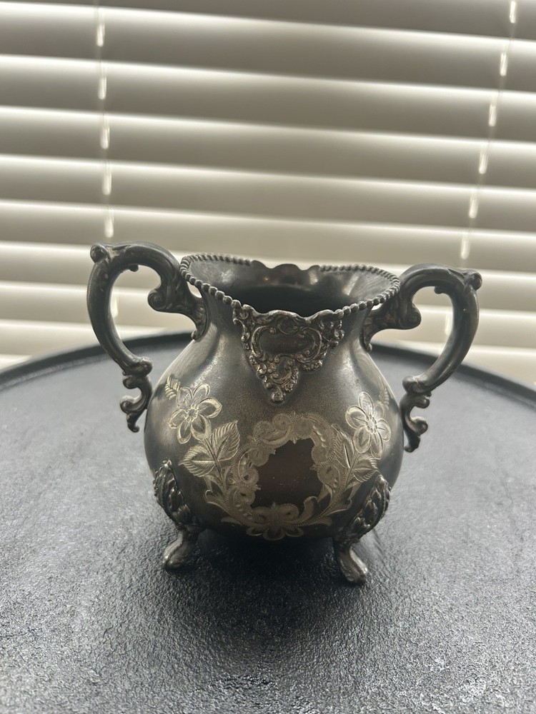 Vintage Engraved Silver Plated Sugar Bowl - Double Handle