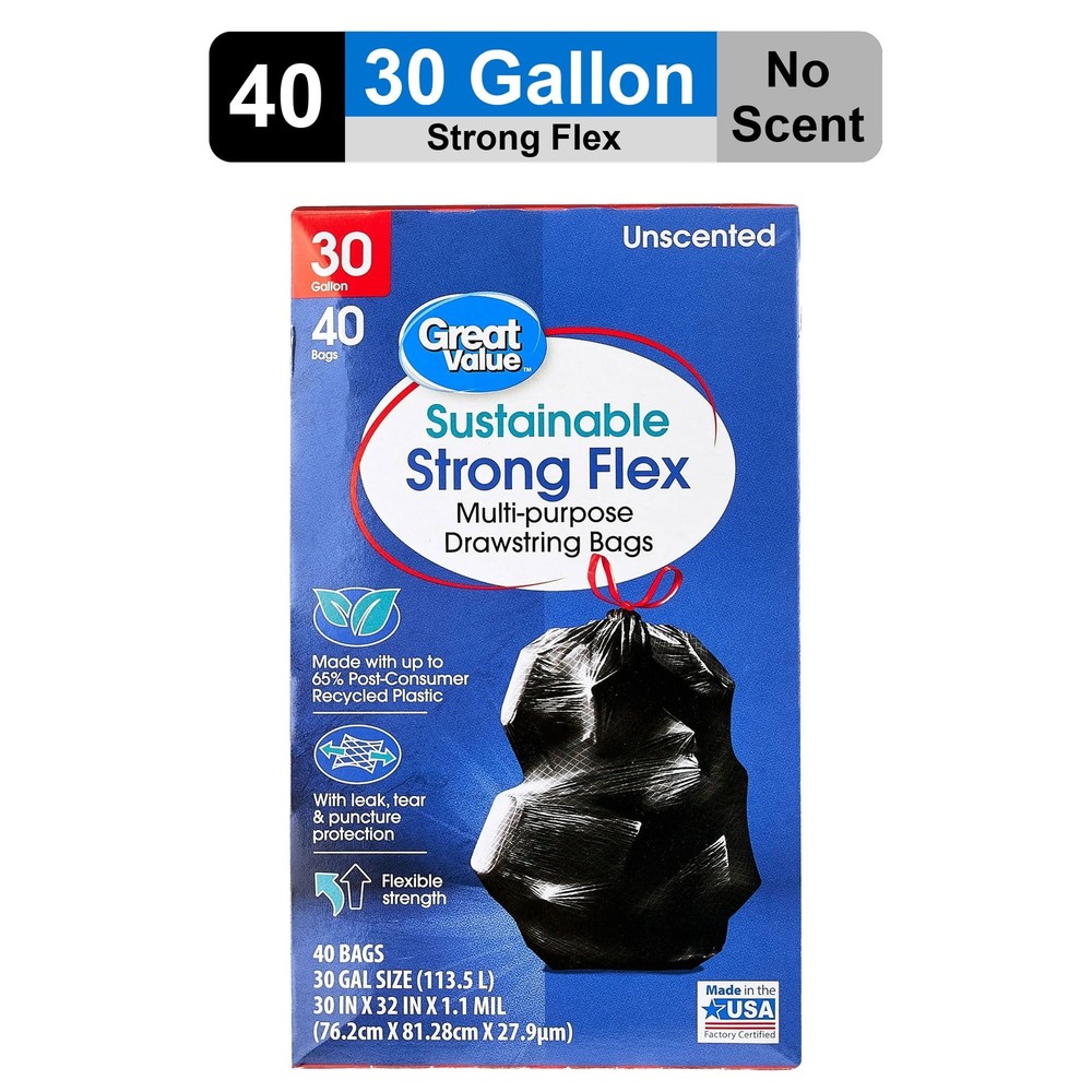 New Great Value Strong Flex Multi-Purpose Drawstring Bags, 30 Gallon, 40 Count