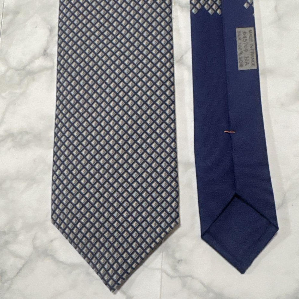 HERMES Square Pattern Tie Navy Gray with Box