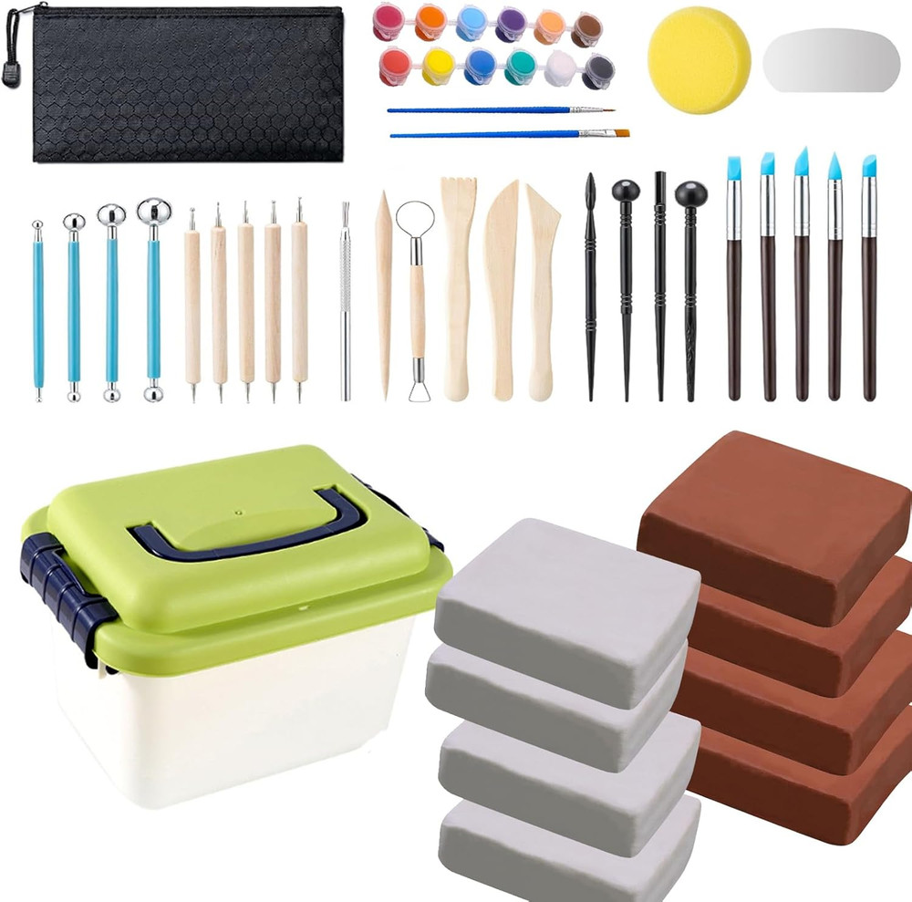 10 Lb White+Terracotta Natural Air-Dry Clay + 30 Pcs Pottery Tools + Storage Box