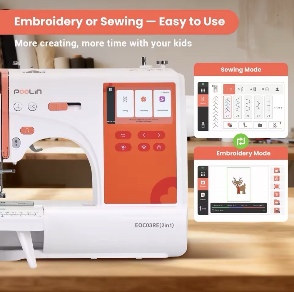 POOLIN EOC03RE(2in1) Sewing and Embroidery Machine Computerized With SOFTWARE.