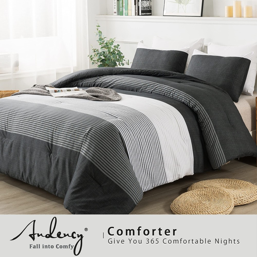 Andency Black Comforter King Size, 3 Pieces Black White Gray Patchwork Stripe...